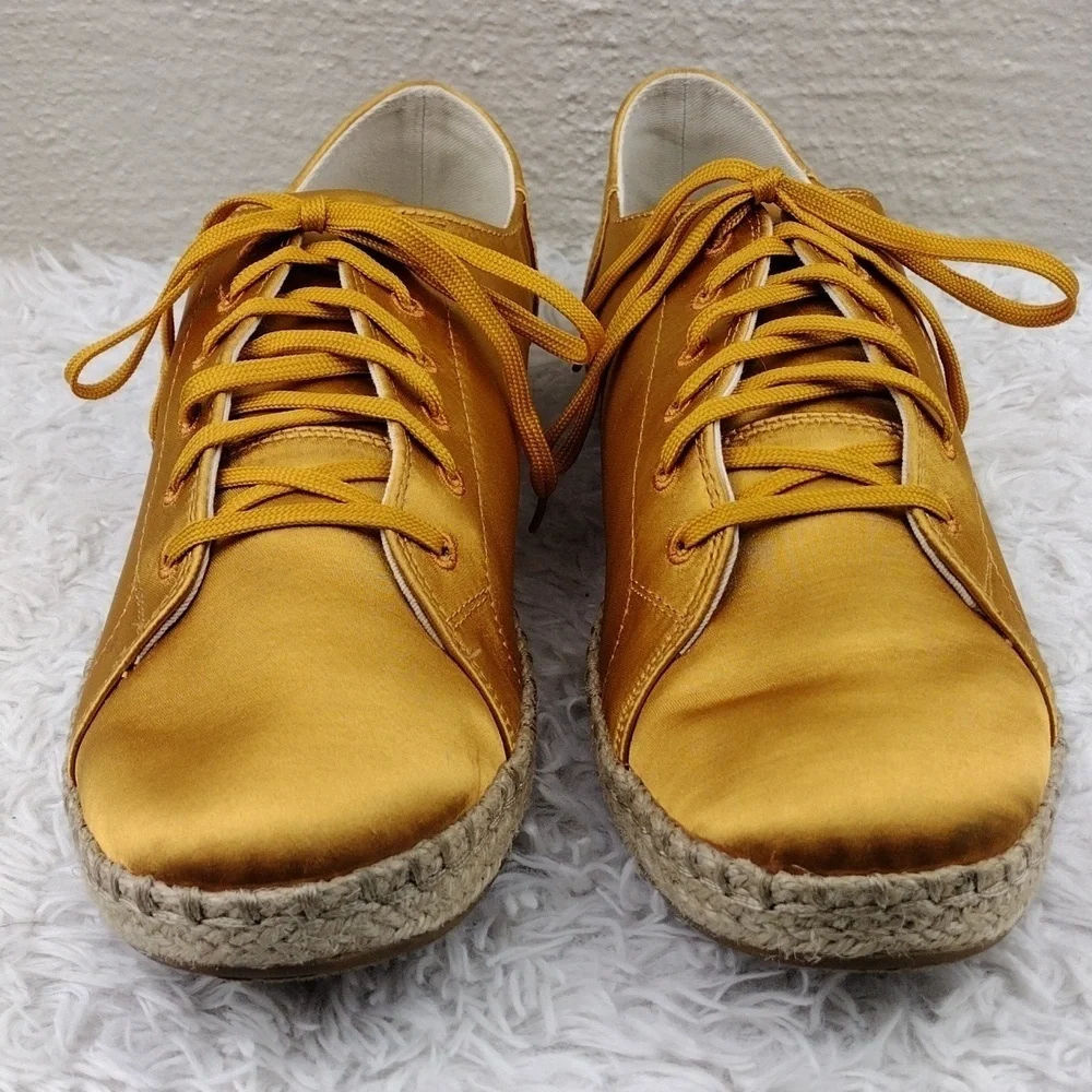 TOMS Yellow Gold Satin Upper Round Toe Lace Up Low Top Espradrille Sneaker Shoe
